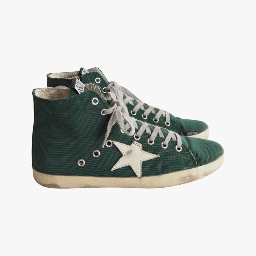 (RARE) GOLDEN GOOSE | CANVAS “FRANCY” GREEN WHITE HIGH TOP SNEAKERS - Picture 4 of 9